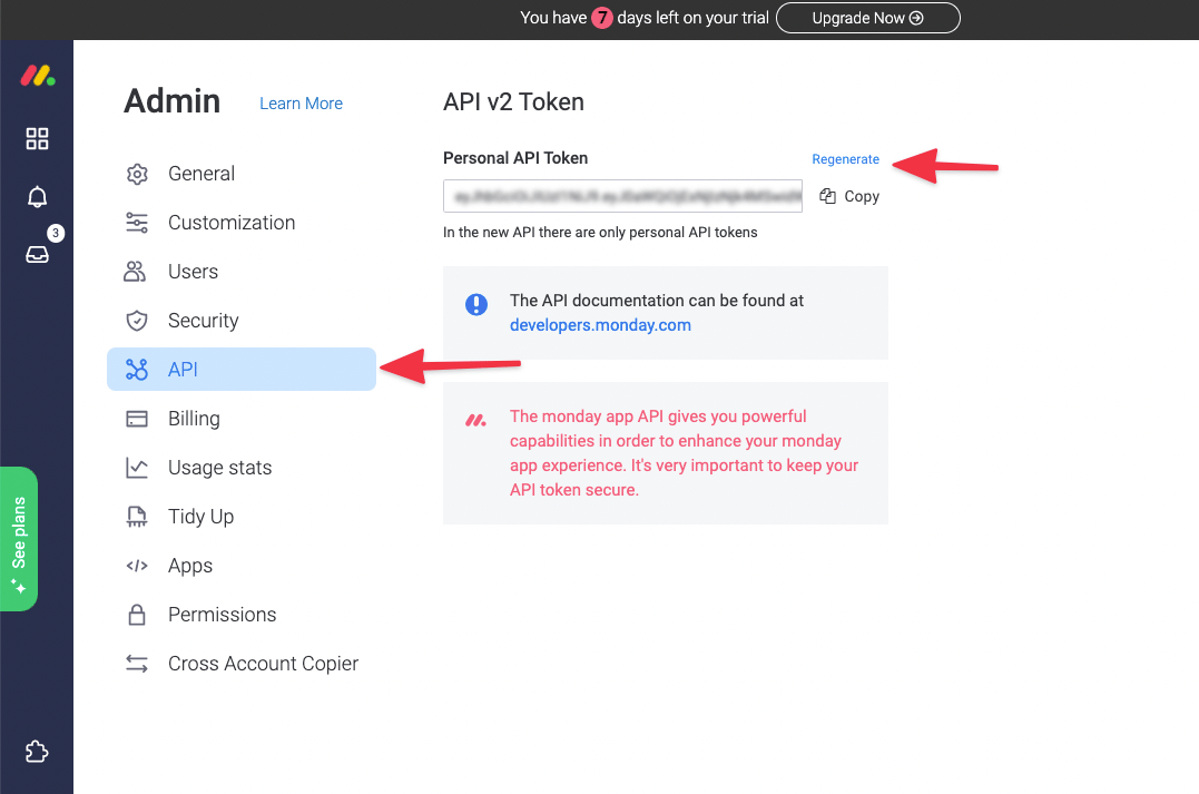 Personal API Token 発行画面