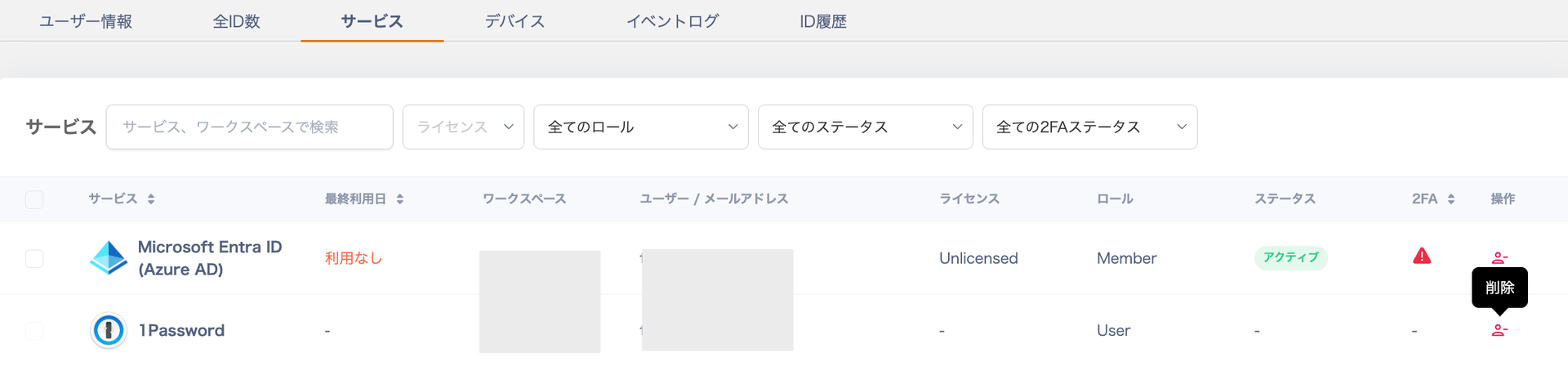 ディレクトリのサービスタブで操作欄から削除を選択する画面