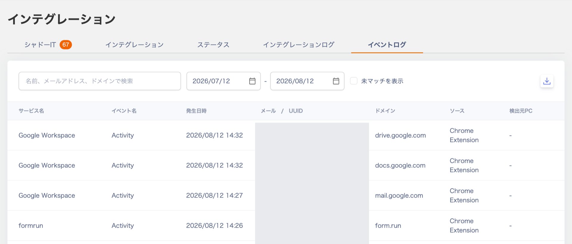Adminaのインテグレーション画面のイベントログタブ。Google Workspaceやformrunへのアクセスが時系列で並び、ソース列にChrome Extensionと表示されている