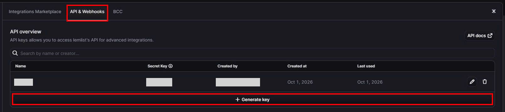 lemlistのAPI & WebhooksタブでGenerate keyボタンが表示されている状態