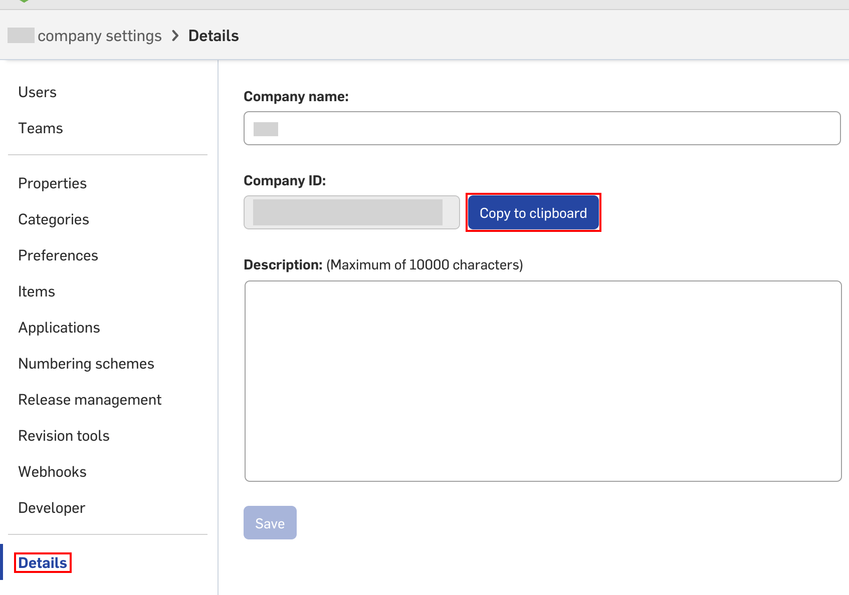 OnshapeのDetails画面でCompany IDとCopy to clipboardボタンが表示されている状態