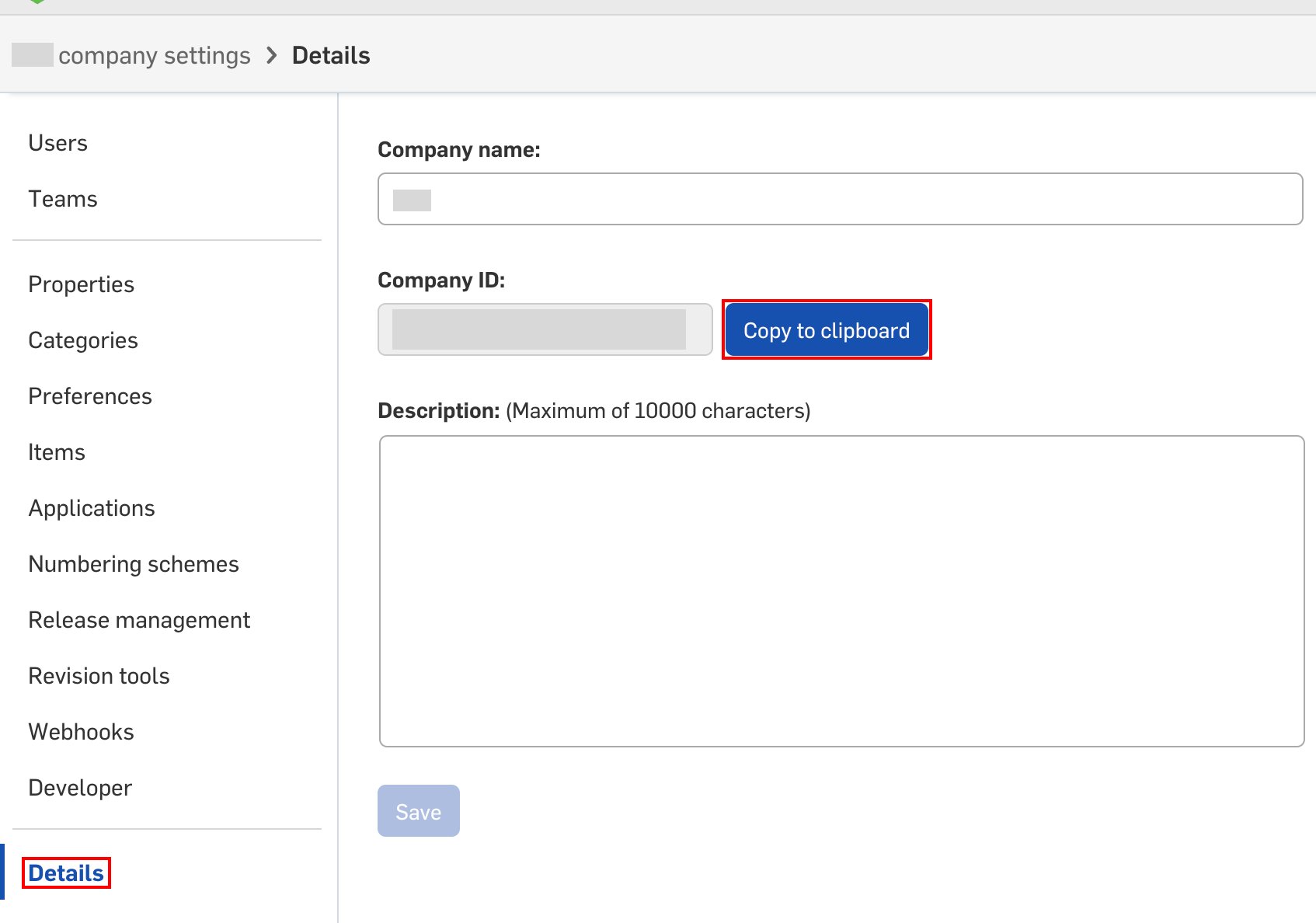 OnshapeのDetails画面でCompany IDとCopy to clipboardボタンが表示されている状態