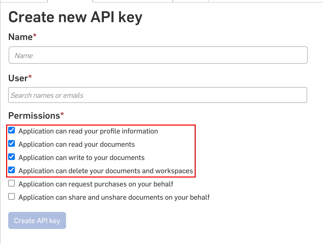 OnshapeのCreate new API key画面でPermissionsの4項目にチェックを入れた状態