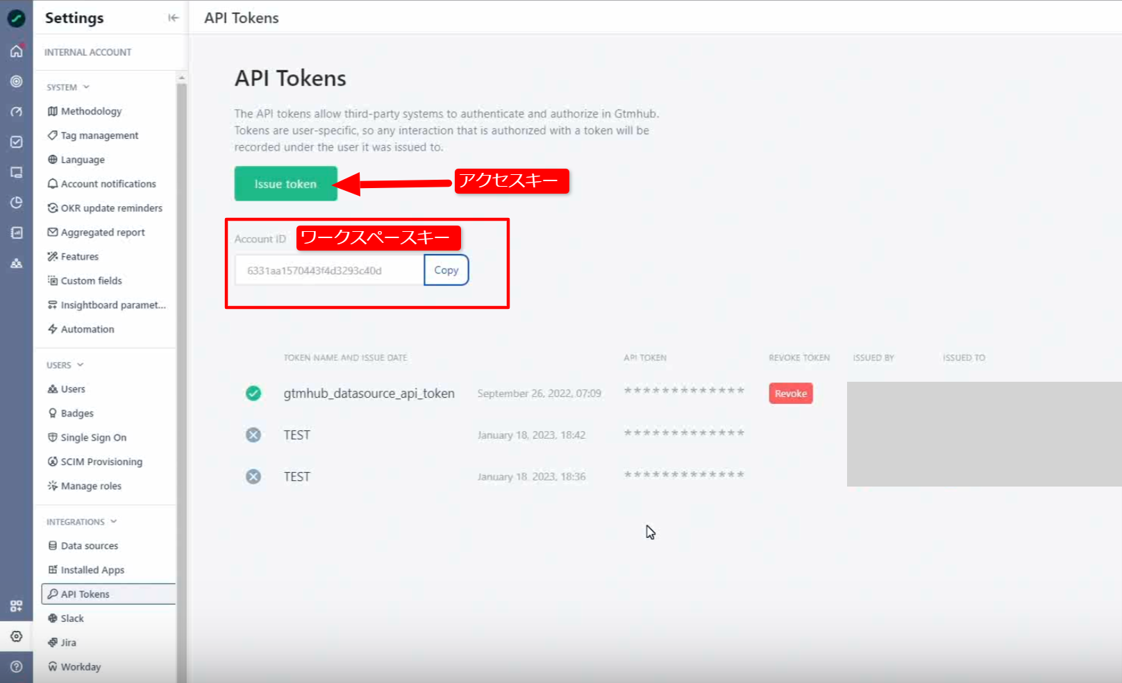 Quantive API Tokens page