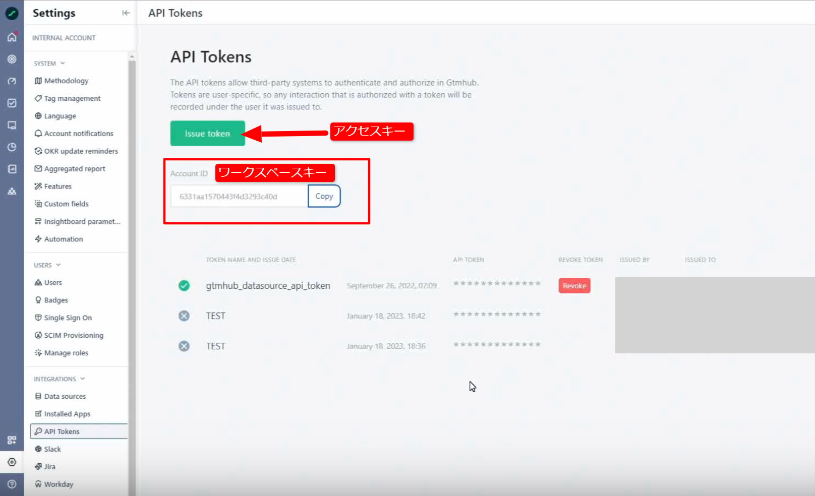 Quantive API Tokens page