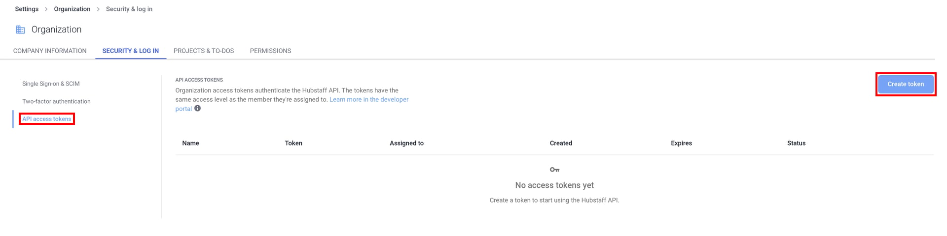 HubstaffのSecurity & log in画面でAPI access tokensとCreate tokenボタンが表示されている状態
