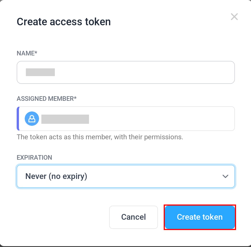 HubstaffのCreate access token画面でトークンの内容を設定する状態