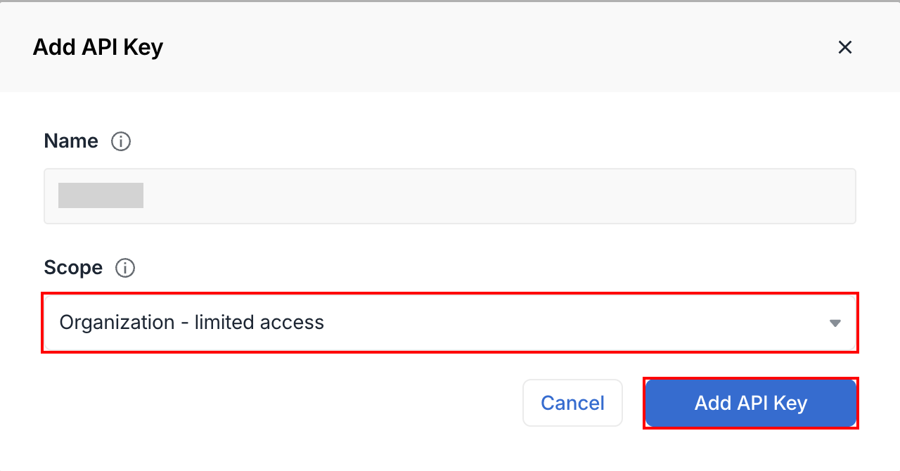 Avoma Add API Key screen with Organization - limited access in Scope and the Add API Key button highlighted