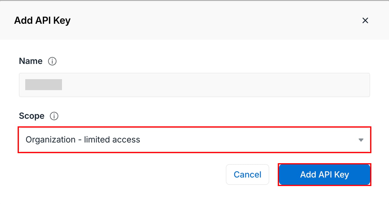 AvomaのAdd API Key画面で、ScopeのOrganization - limited accessとAdd API Keyボタンが示されている状態