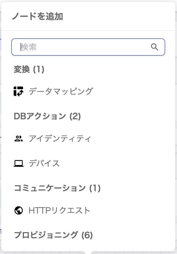 Admina のワークフロービルダーでノードを追加する画面。コミュニケーションのカテゴリにHTTPリクエストが表示されている