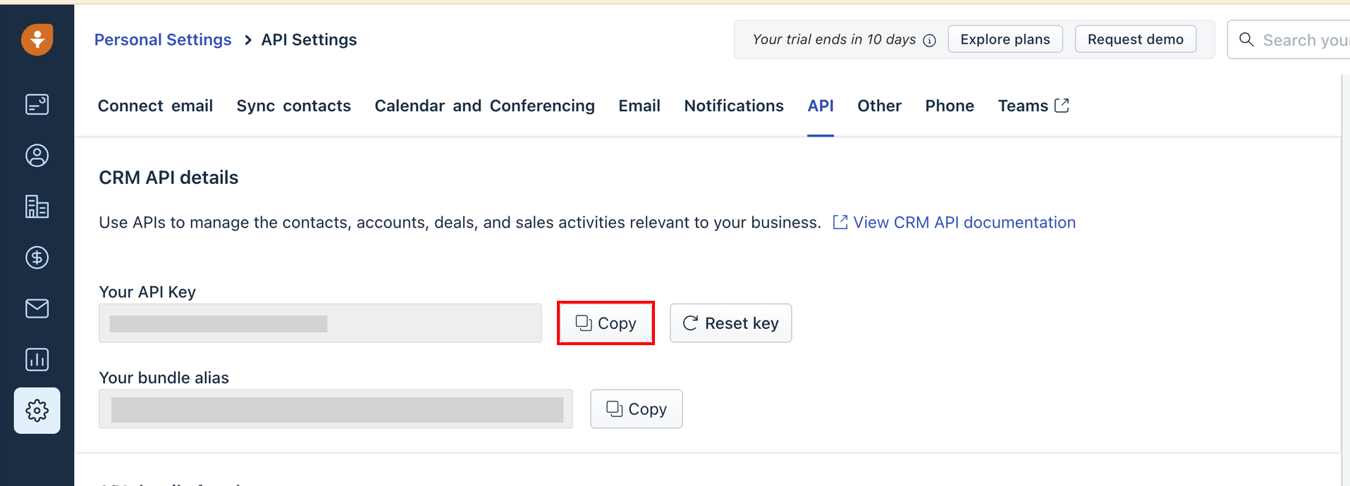 FreshsalesのAPI Settings画面でYour API KeyとCopyボタンが表示されている状態