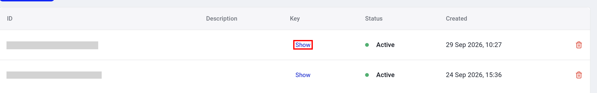CloudTalkのAPI Keys一覧でIDとShowが表示されている状態