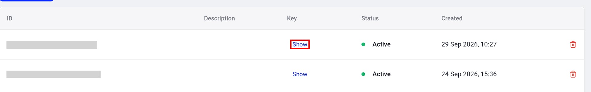 CloudTalkのAPI Keys一覧でIDとShowが表示されている状態