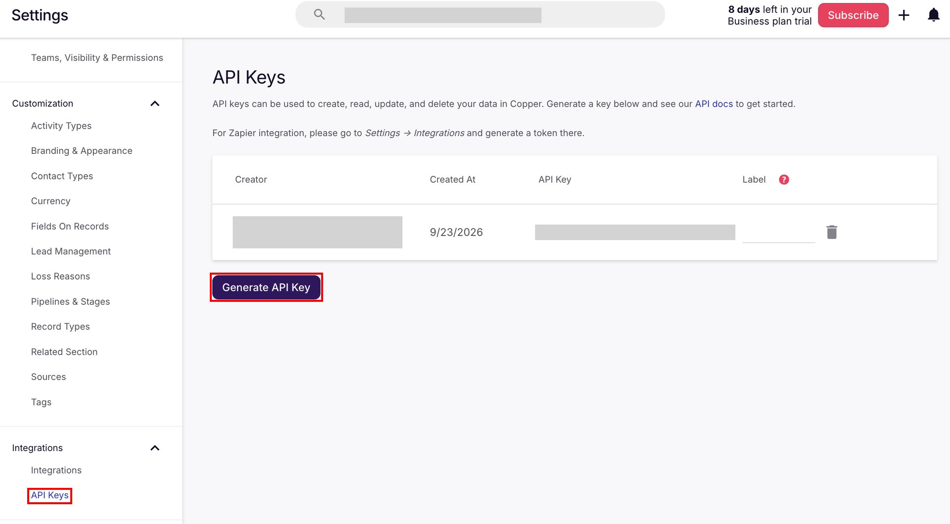 CopperのSettings画面でAPI KeysとGenerate API Keyボタンが表示されている状態
