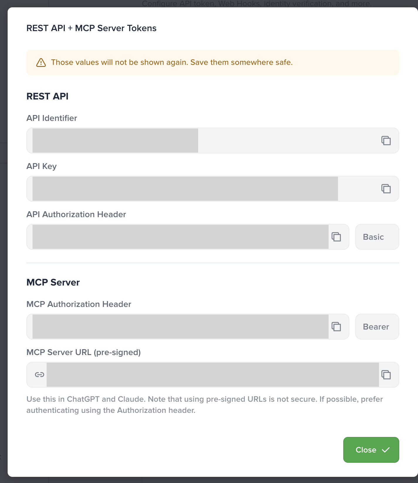 CrispのREST API + MCP Server Tokens画面でAPI IdentifierとAPI Keyが表示されている状態