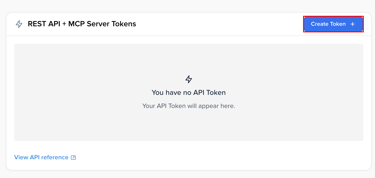 CrispのAdvanced configuration画面でREST API + MCP Server TokensのCreate Tokenボタンが表示されている状態
