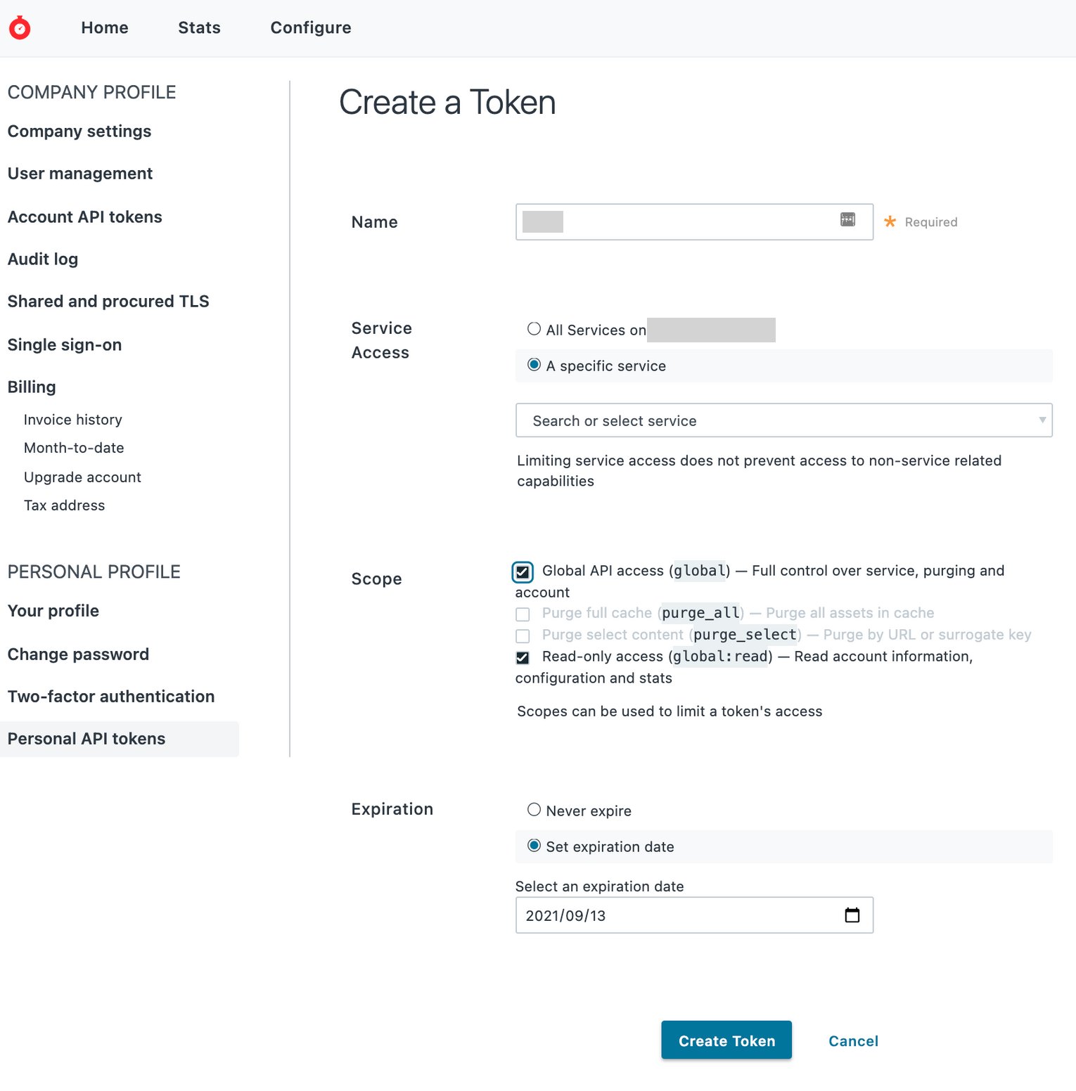 Create Token settings
