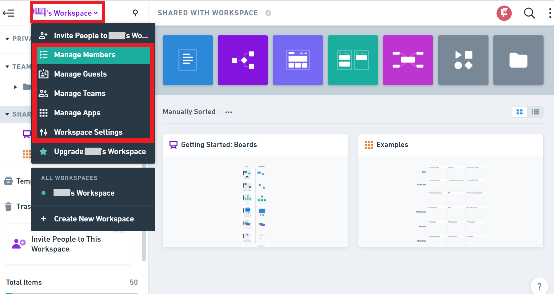 Workspace管理ページへの移動