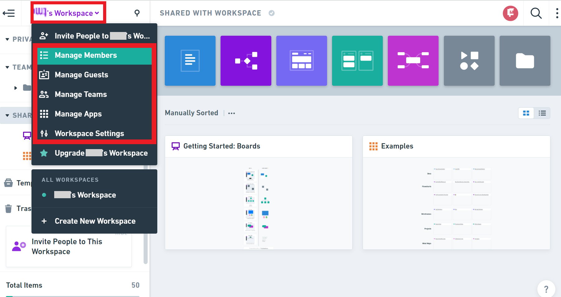 Workspace管理ページへの移動