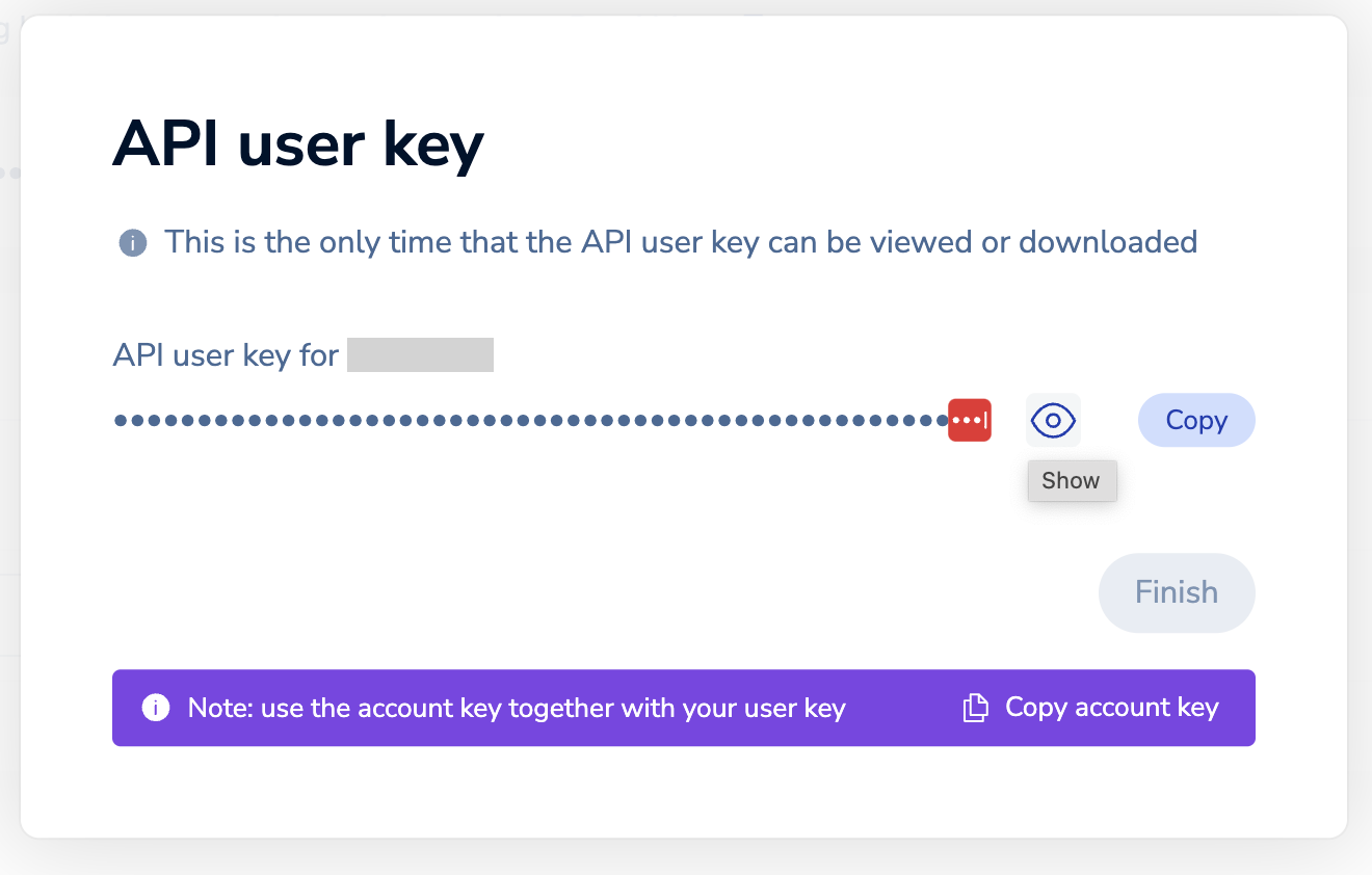 API user key のコピー画面