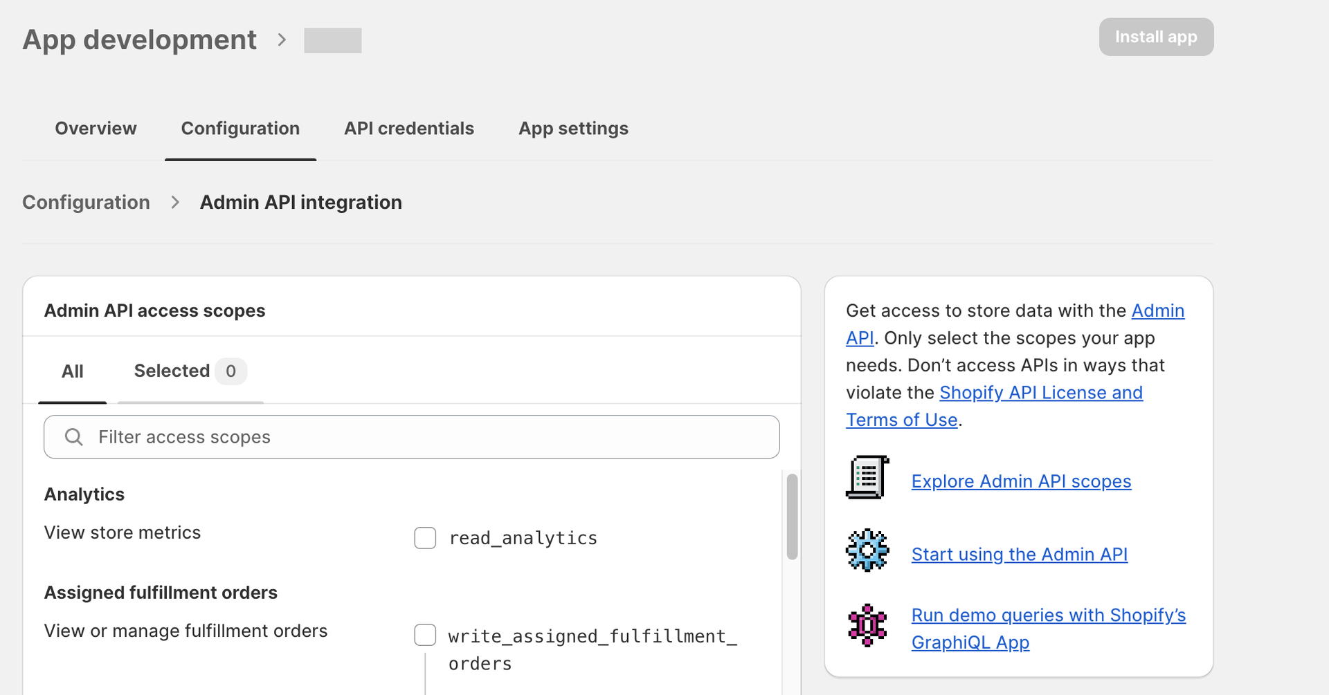Shopify API scope settings