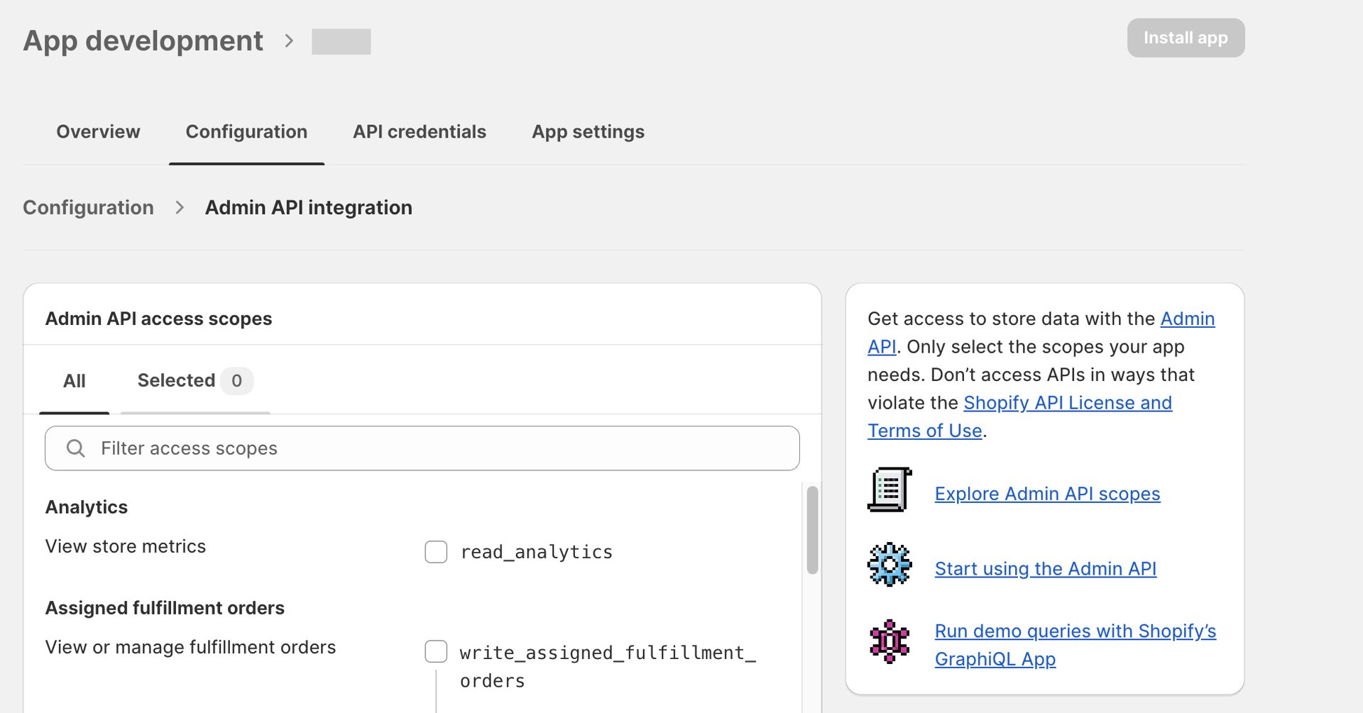Shopify API scope settings