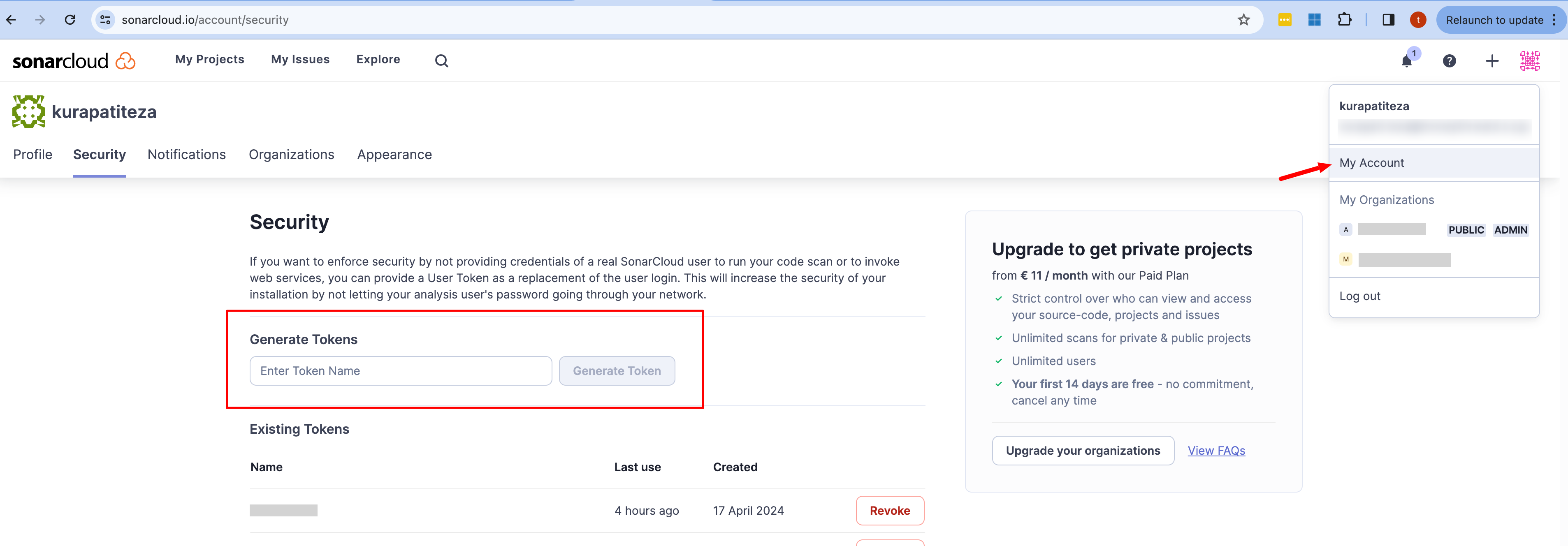 SonarCloud API key generation