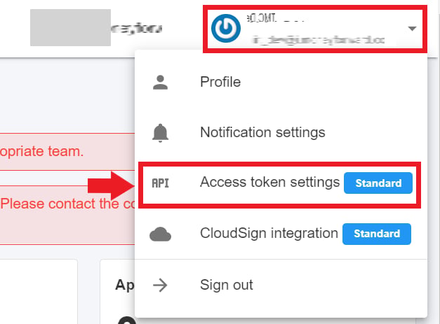 Access token settings menu
