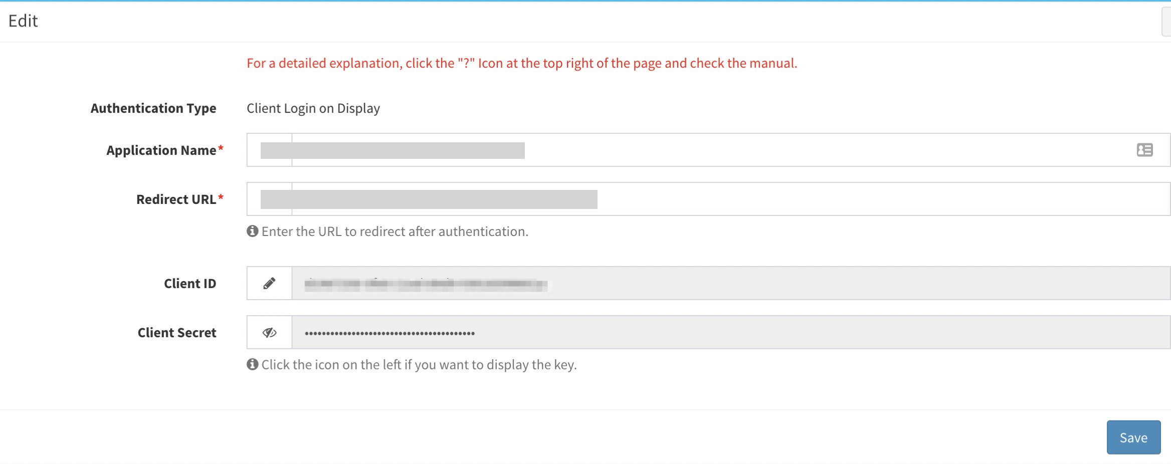 Client ID and secret display screen