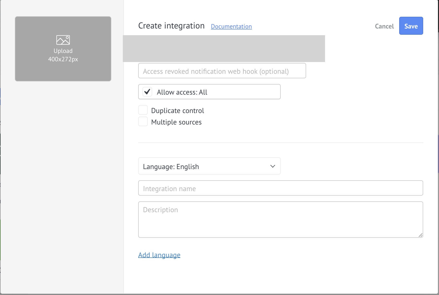 Create Integration input screen