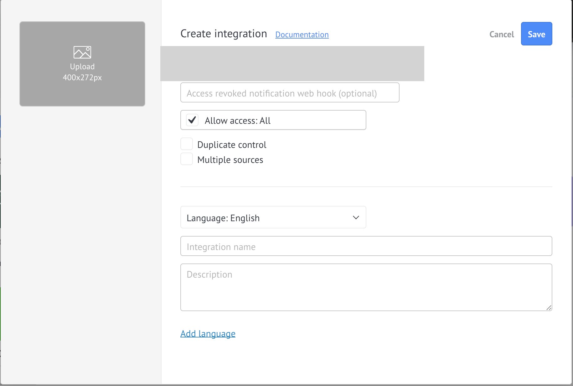 Create Integration input screen