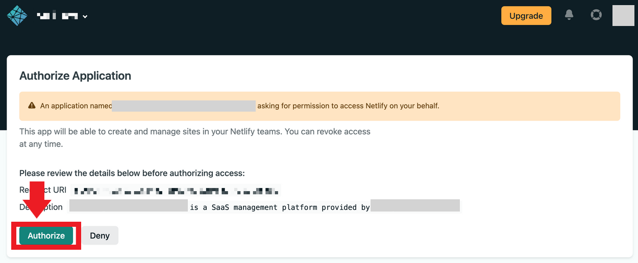 Netlify authorization screen