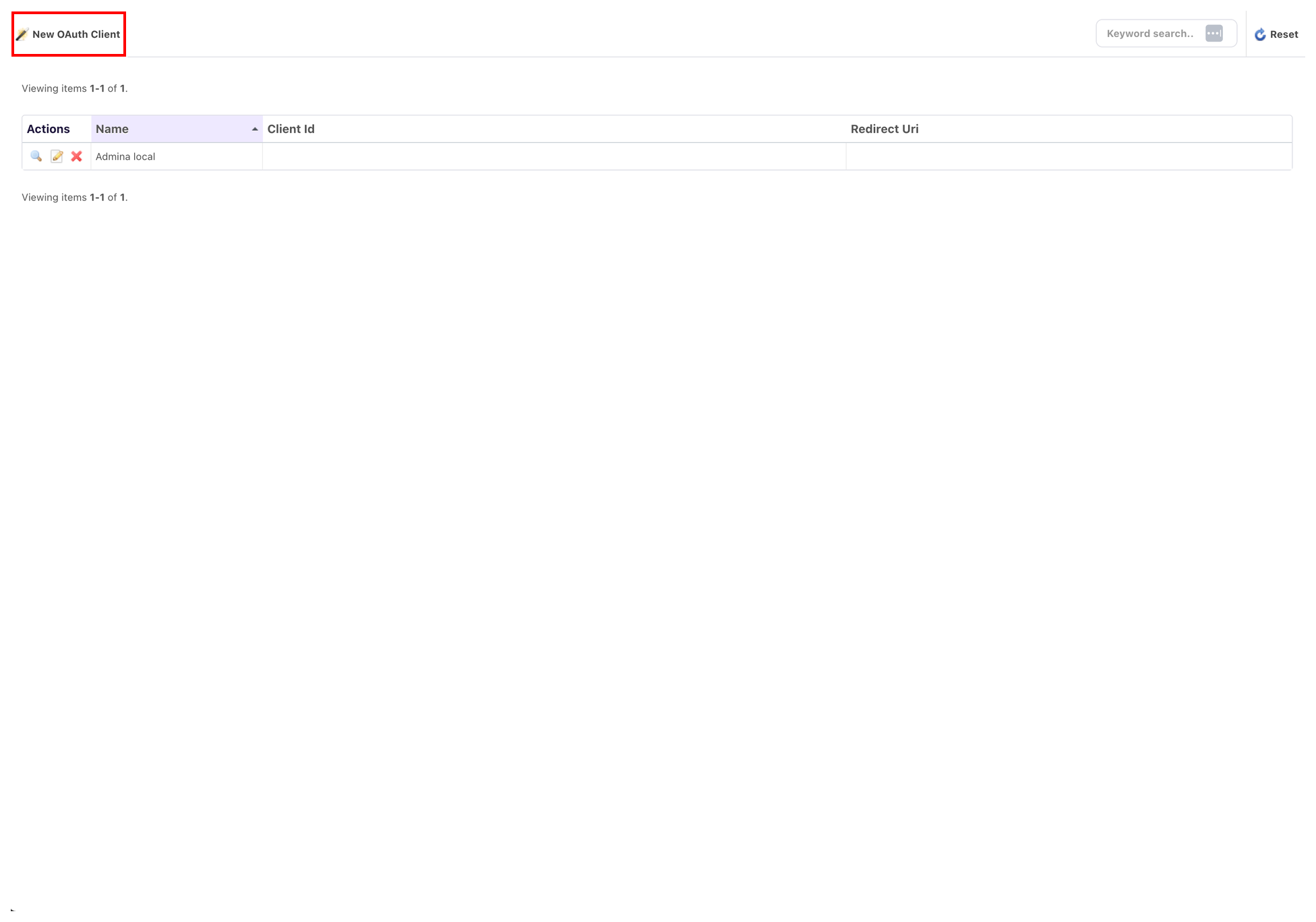 OAuth Client一覧画面