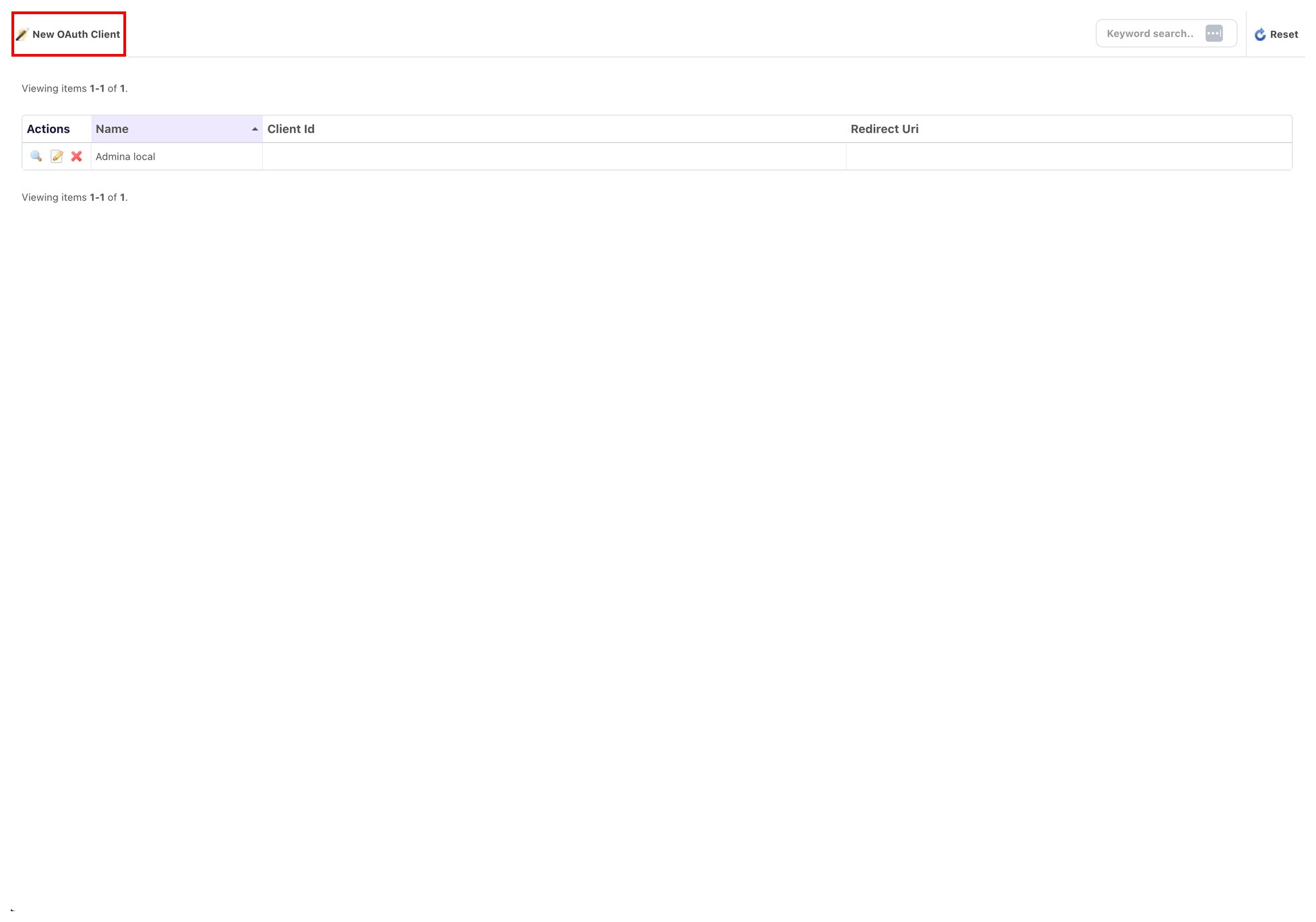 OAuth Client一覧画面