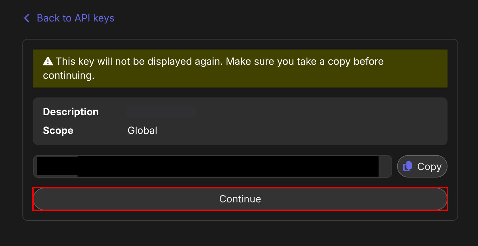API key issued screen
