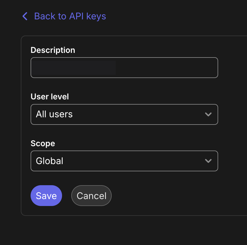 Create API key screen