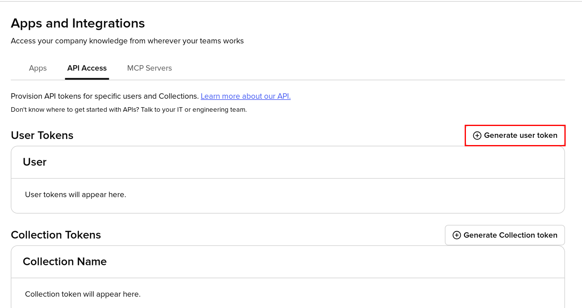 The API Access tab on the Apps and Integrations page in Guru with the Generate user token button shown