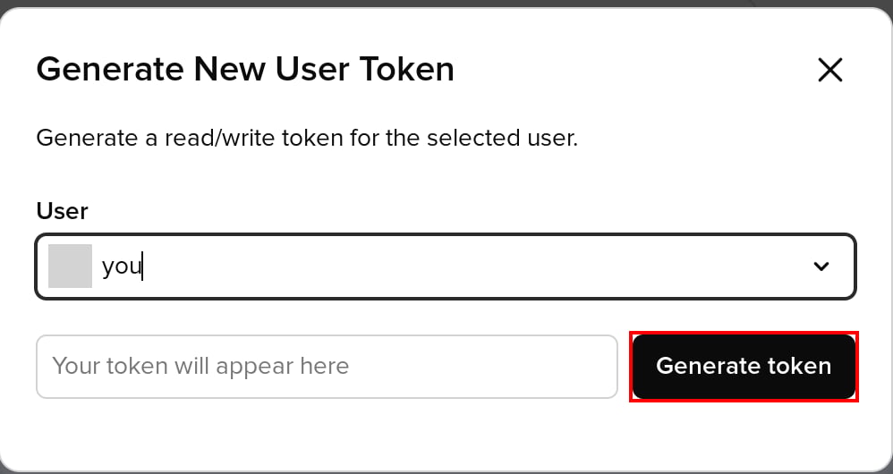 The Generate New User Token modal in Guru with a user selected