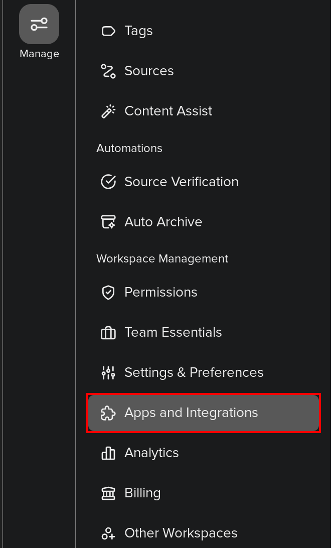 The Manage menu in Guru with Apps and Integrations selected