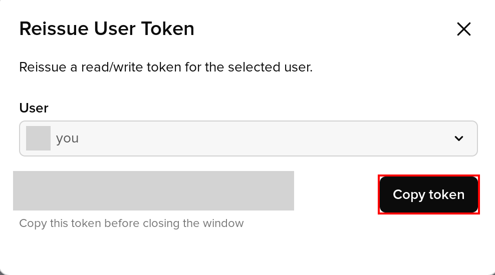 The Reissue User Token modal in Guru with the Copy token button