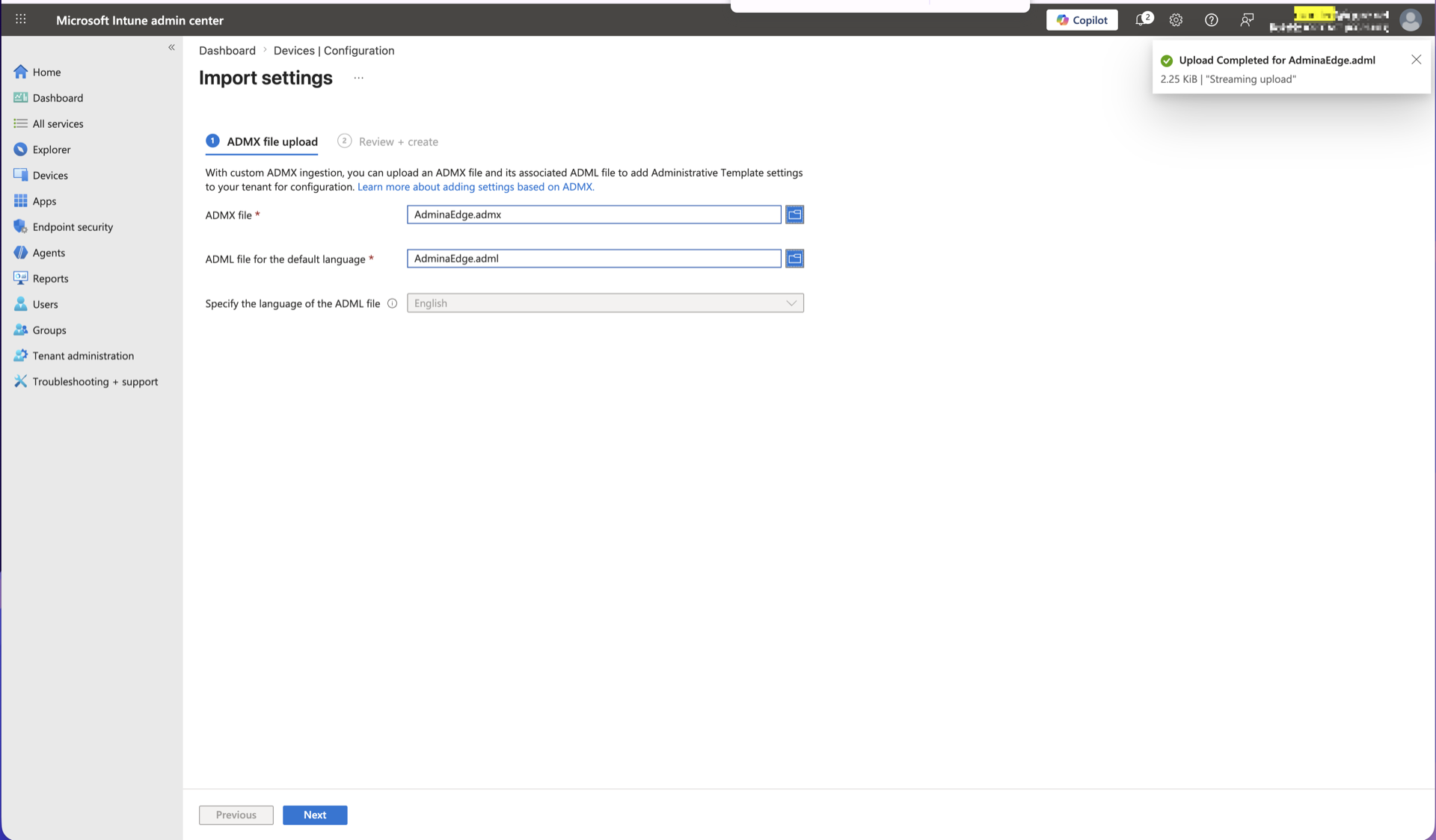 Intune Import ADMX screen showing the AdminaEdge ADMX/ADML files uploaded and an Upload Completed message