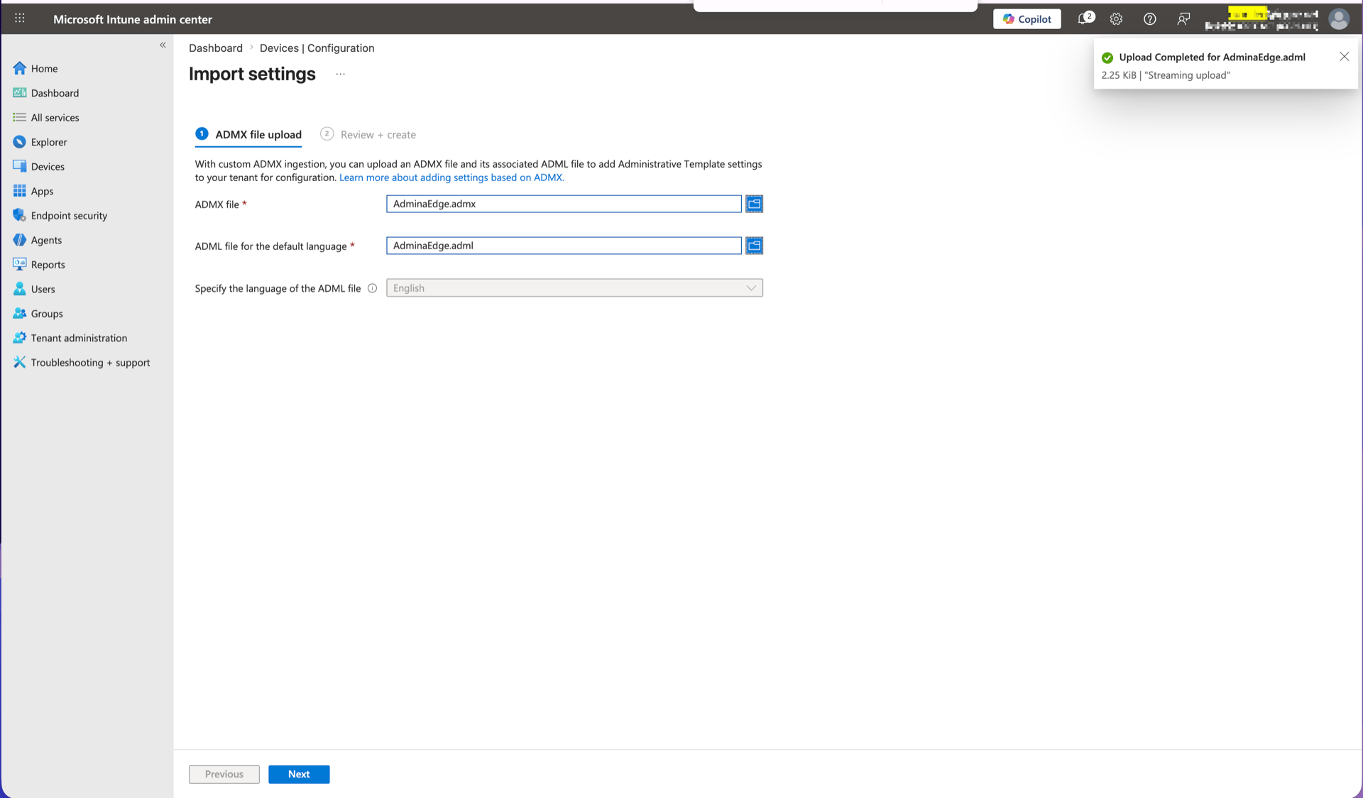 Intune Import ADMX screen showing the AdminaEdge ADMX/ADML files uploaded and an Upload Completed message
