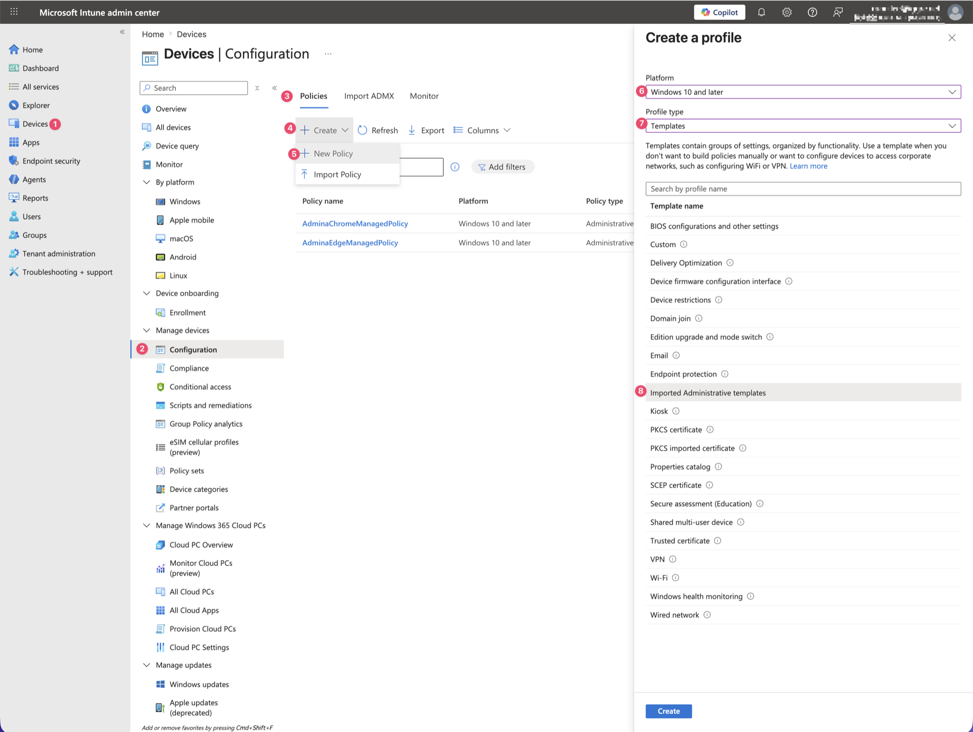 Create a profile screen with Platform set to Windows 10 and later and Profile type set to Templates (Imported Administrative templates)