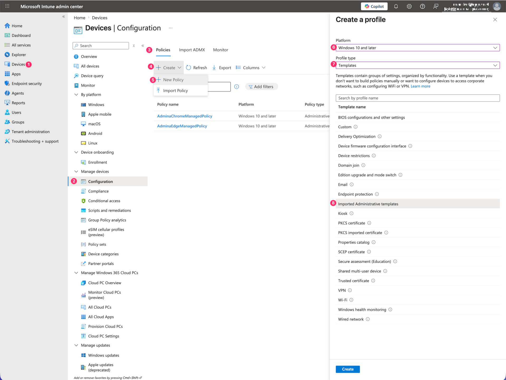 Create a profile screen with Platform set to Windows 10 and later and Profile type set to Templates (Imported Administrative templates)