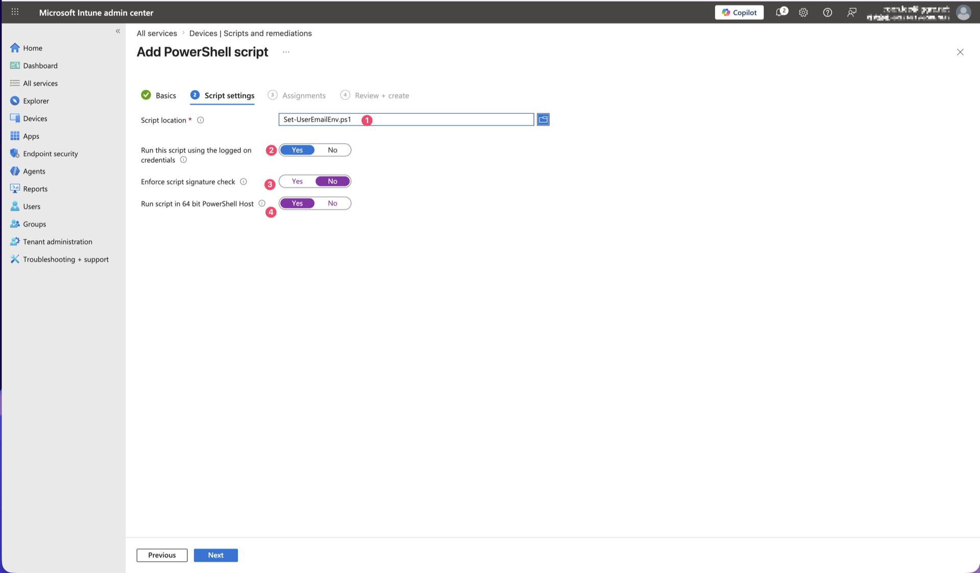 Script settings screen with Set-UserEmailEnv.ps1 settings including Run using logged on credentials entered