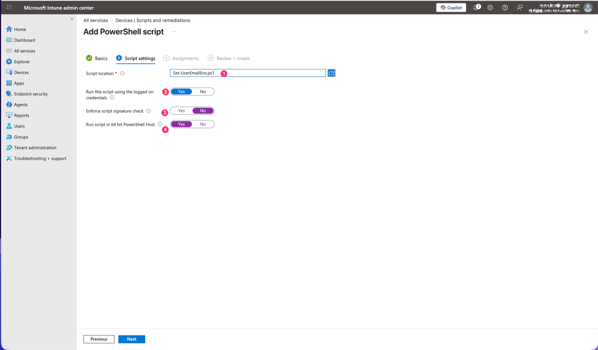 Script settings screen with Set-UserEmailEnv.ps1 settings including Run using logged on credentials entered