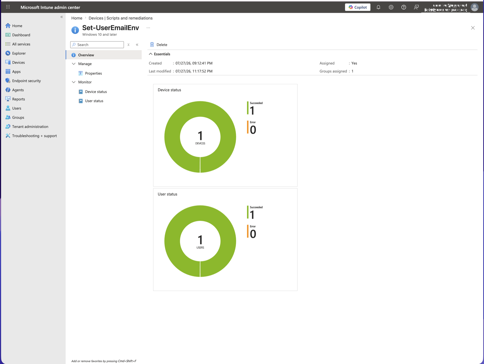 Set-UserEmailEnv script Device status / User status screen showing execution results