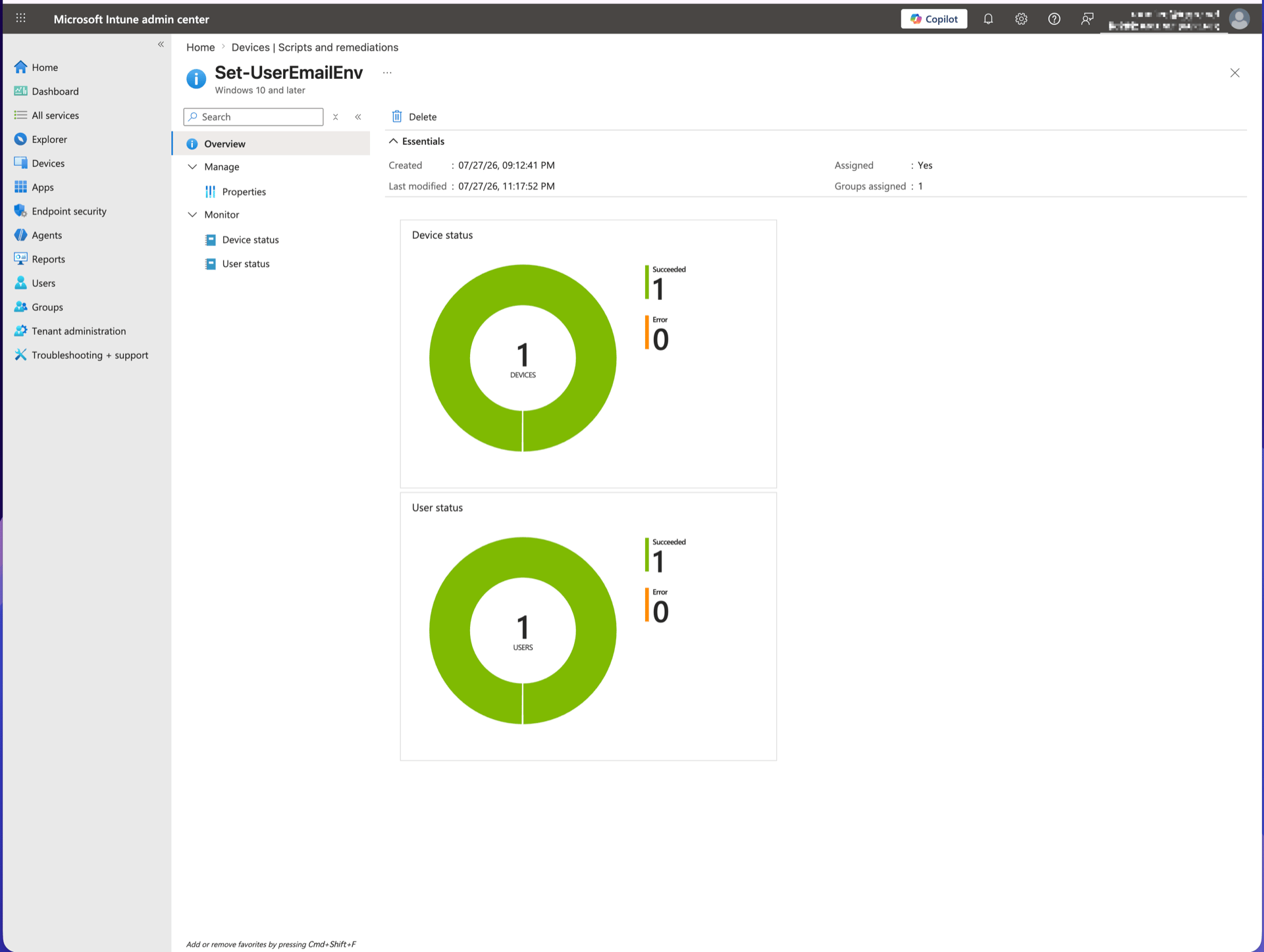 Set-UserEmailEnv script Device status / User status screen showing execution results