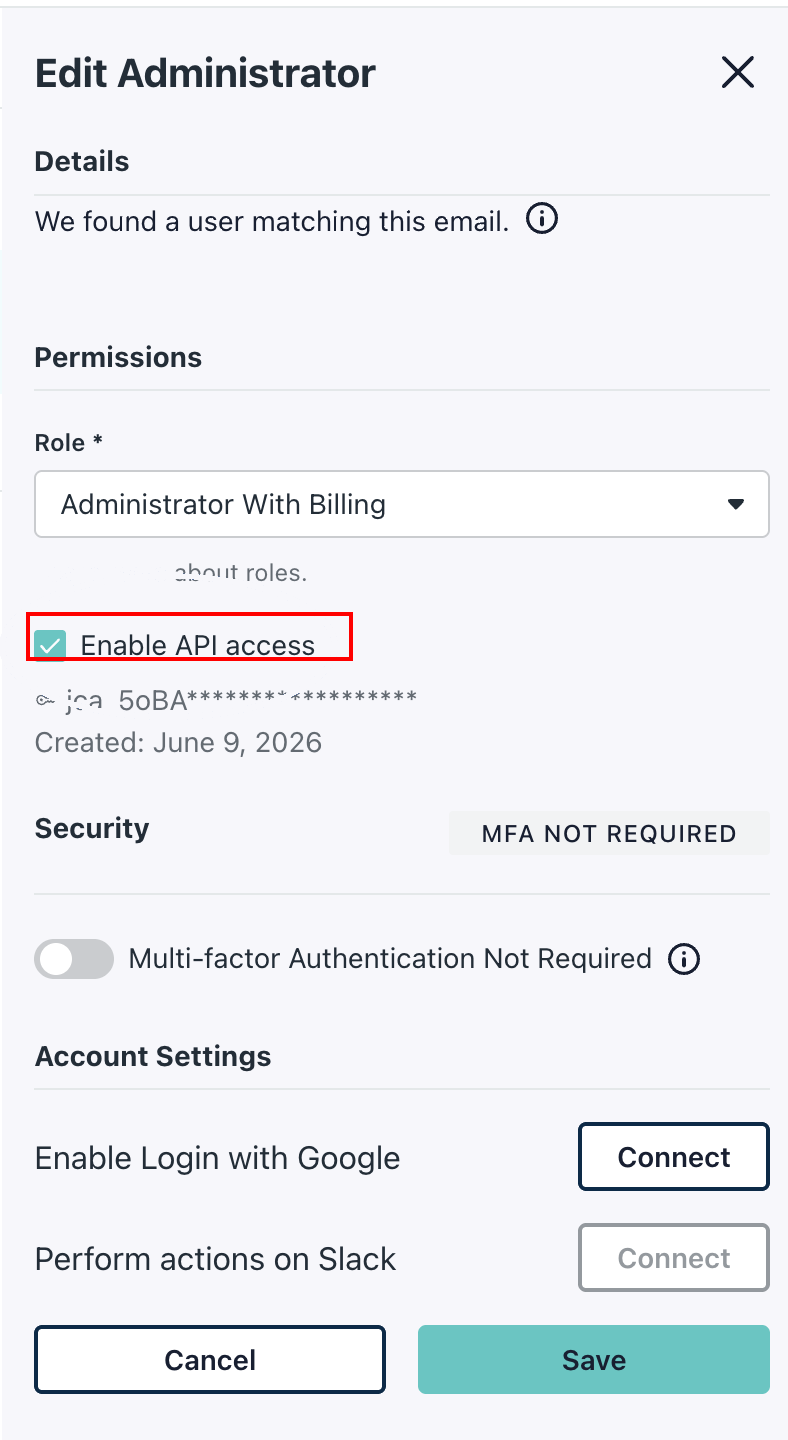 管理者編集パネルでEnable API accessにチェックを入れる画面