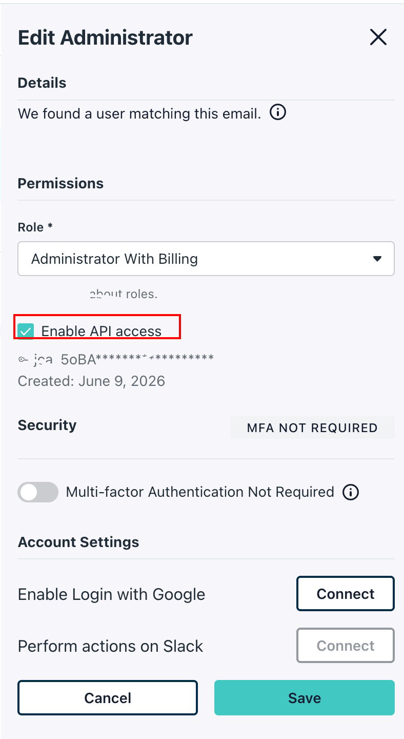 管理者編集パネルでEnable API accessにチェックを入れる画面